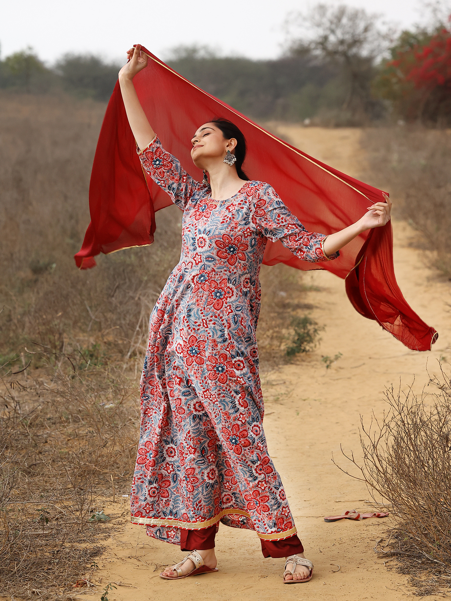 Pink Hand Block Printed Cotton Anarkali Kurta Set with Sequin Work & Shiffon Dupatta